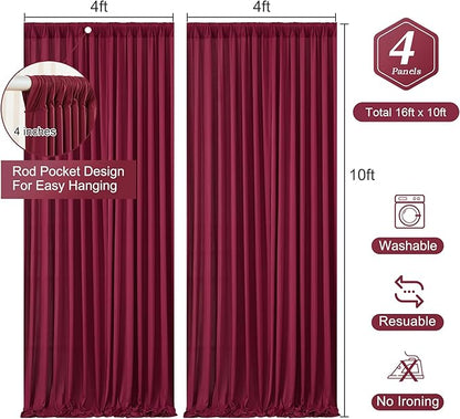 Burgundy Backdrop Curtains 4 Panels - Wrinkle-Free Polyester Photography Drapes for Baby Shower & Birthday Party - 16 X10FT