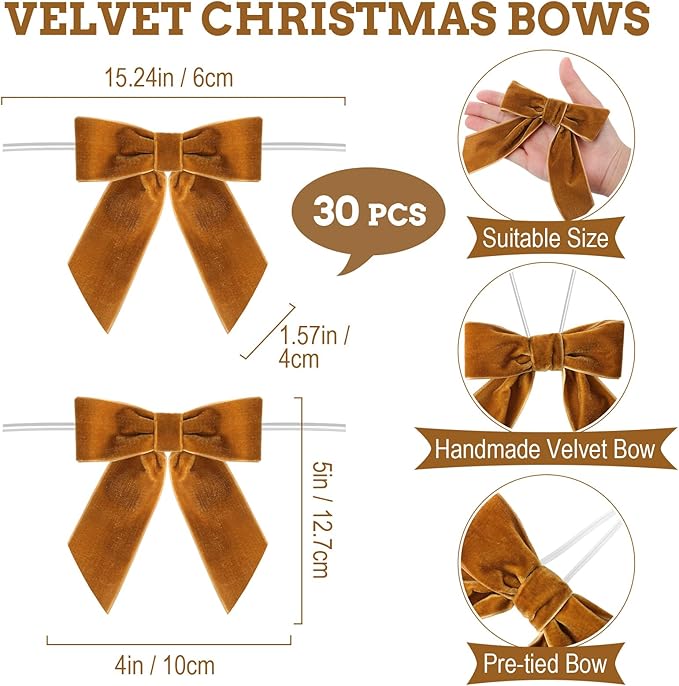 30 Pcs Velvet Ribbon Bows 5" x 4" Pre Tied Christmas Velvet Bows with Twist Tie for Gift Packaging Christmas Tree Wreaths Door Windows Wedding Party Decoration(Camel)