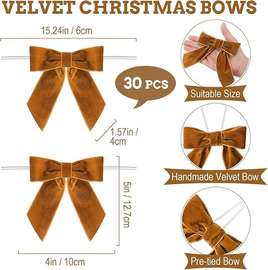 30 Pcs Velvet Ribbon Bows 5" x 4" Pre Tied Christmas Velvet Bows with Twist Tie for Gift Packaging Christmas Tree Wreaths Door Windows Wedding Party Decoration(Camel)
