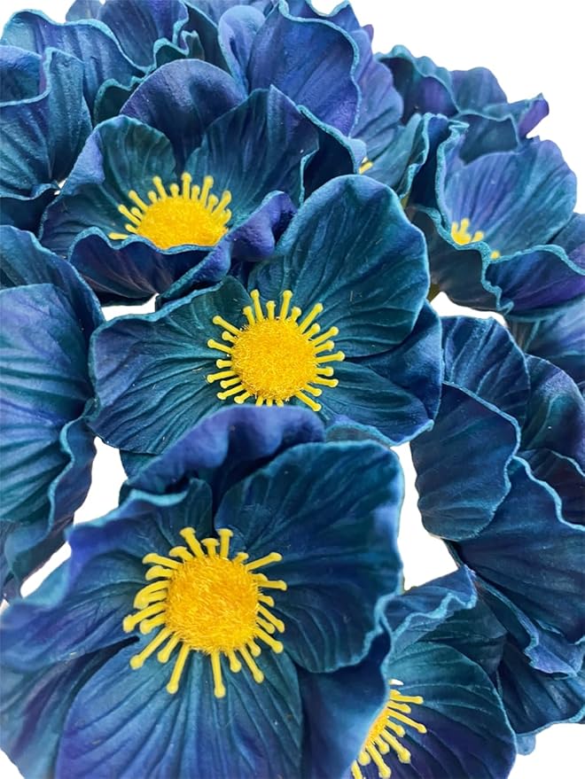 14Pcs Real Touch Anemone Poppy Bouquet for Artificial Flower Decor Kitchen Table Centerpiece Vase Home Greenery Wedding Holding Flowers Backdrop Arch Wall (Blue)