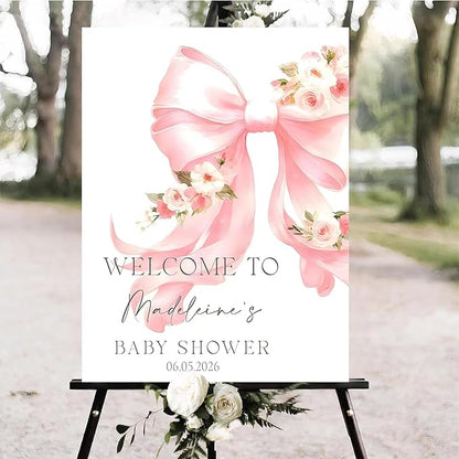 Personalized Pink Bow Baby Shower Welcome Sign, Custom Minimalist Bow Baby Girl Party Sign, Baby's Shower Gifts, Birthday Gifts, Gender Reveal Decorations, Newborn Announcement Party Supplies - 14