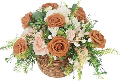 Artificial Rose Flowers 25pcs, Burnt Orange Foam Fake Rose Faux Flower for Wedding Bouquets Bridal Shower Centerpieces Floral Arrangements Home Decorations Party Backdrops Table