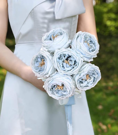 IPOPU Blue Roses Artificial Flowers 5PCS Real Touch Peonies Faux Austin Roses with Stems for Wedding Bouquet Party Home Decor (Blue)