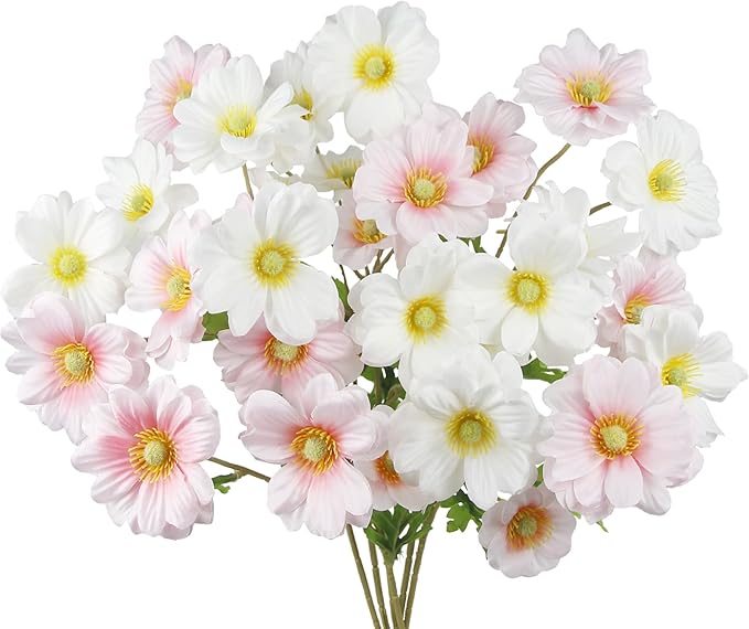 6 Pcs Artificial Flowers with Stems Faux Daisy Flowers Bouquet Pink Gardenia Silk Flowers for Home Decor Indoor Vase Outdoors Balcony Table Centerpiece Outside Floral Arrangements Wedding