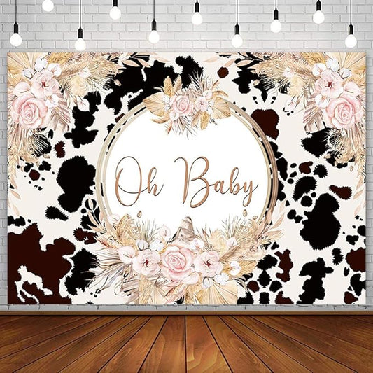 8x6ft Boho Holy Cow Baby Shower Backdrop Oh Baby Black and White Cow Print Bohemia Pink Floral Pampas Grass Photography Background Farm Theme Party Decoration Banner Supplies Photo Studio Props
