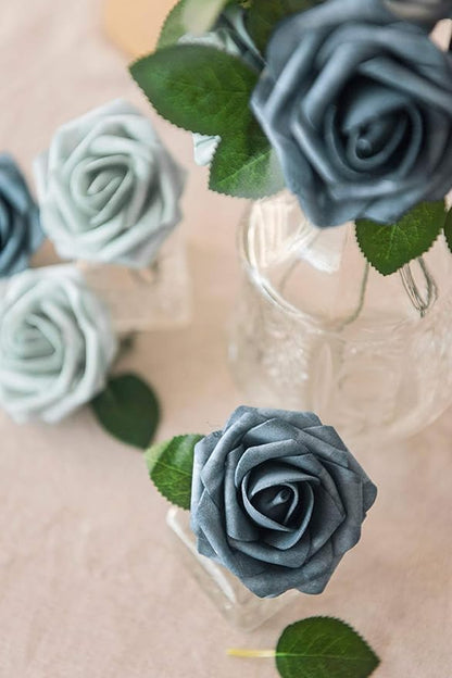 Ling's moment Artificial Flowers 50Pcs Dusty Blue & Navy Roses Decor w/Stems,3" Real Touch DIY Foam Floral for Wedding Bouquet/Centerpieces, Outdoors Party Backdrop, Room/Table, and Garden/Pot Decor