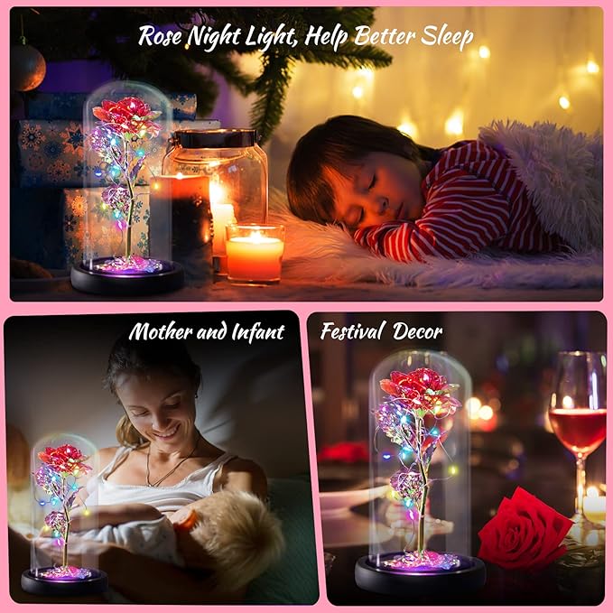 Eternal Rose Preserved Flower Birthday Gifts - Women Gifts for Her Anniversary Valentines Mothers Day Christmas Thanksgiving - Light Up Red Rose Glass Flower Gifts for Mom Wife Grandma Girlfriend Lady