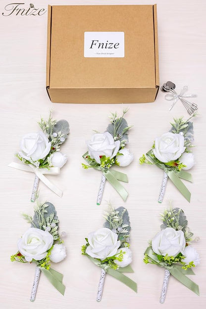 Fnize White Boutonniere for Men, 6 Pcs Groom Groomsmen Boutonnieres, Artificial Flowers for Wedding Prom Homecoming