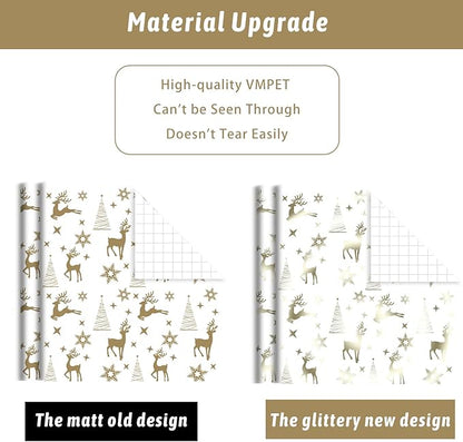 KIMOBER 4 Rolls Christmas Wrapping Paper,White Paper with Golden Metallic foil Shine Xmas Elements and Cut Lines on Reverse(30in × 144in Per Roll)