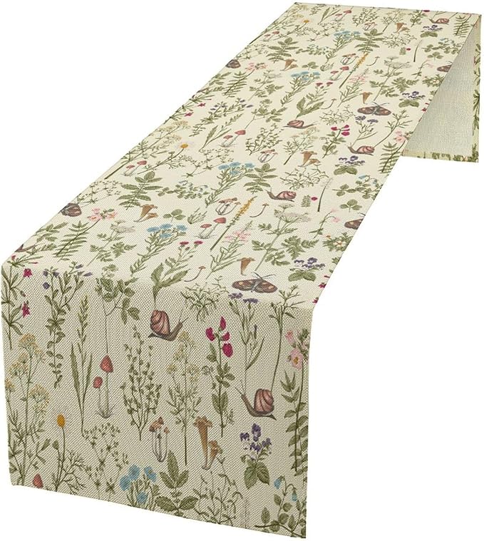 Vintage Mushroom Table Runner Rustic Farmhouse Wildflower Botanical Herbs Retro Boho Nature Plants Spring Summer Seasonal Dinner Runner for Kitchen Cabin Home Holiday Party 13x70in