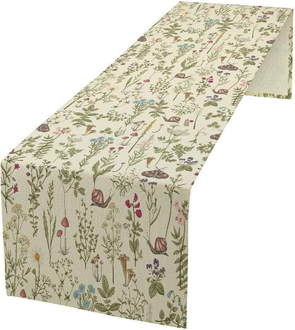 Vintage Mushroom Table Runner Rustic Farmhouse Wildflower Botanical Herbs Retro Boho Nature Plants Spring Summer Seasonal Dinner Runner for Kitchen Cabin Home Holiday Party 13x108in