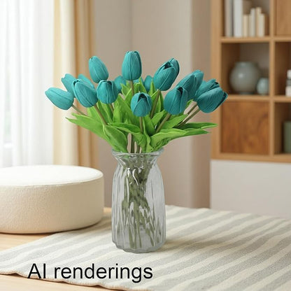 Artificial Flowers 10 Heads Mini Real Touch Artificial Tulip for Home Wedding Party Centerpiece Decoration (Dark Teal)