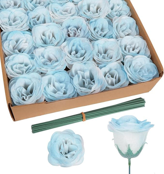 30PCS Light Blue Artificial Roses Fake Glitter Flowers Silk Roses with Stems for Wedding Bouquet Party Christmas Home Decor(Gradient Sky Blue)