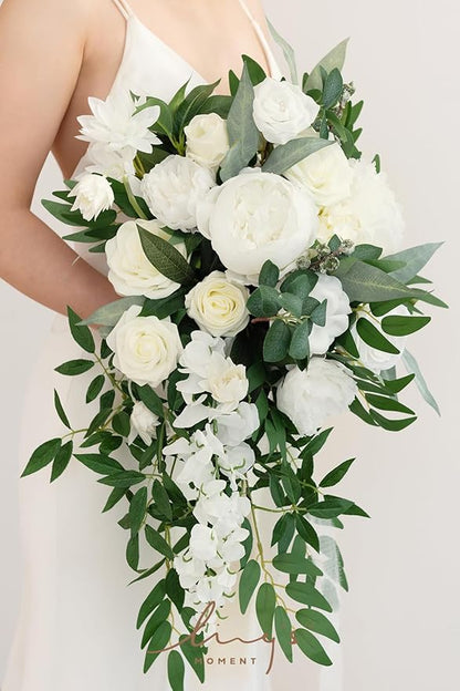 Ling's moment White Bridal Bouquet Cascading, Ivory Wedding Bouquets for Bride, 15 Inch Bride Bouquets for Wedding Artificial Flowers Bouquets