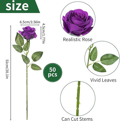 50pcs Artificial Roses Flowers in Bulk,Realistic Silk Fake Rose with Long Stem for Wedding Centerpieces Bouquet Party Floral Arrangement Home Decoration (Purple)