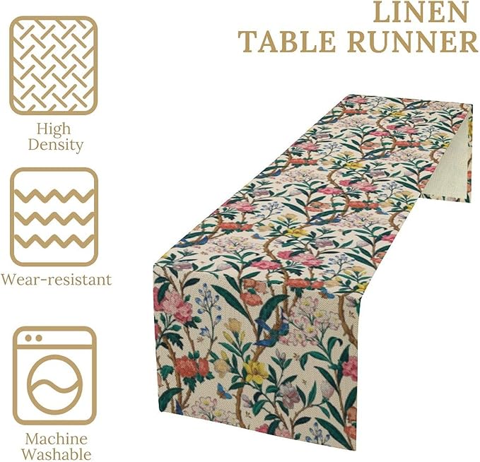 William Morris Vintage Floral Table Runner, Birds Butterflies and Bees Botanical Flower Original Design Print Table Runner for Home Party Dining Room Kitchen Decor 13x70 Inch