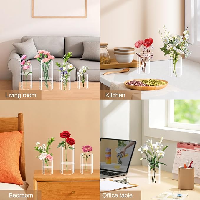 24 Pack Plastic Cylinder Vases, 4 6 8 10 Inch Tall Acrylic Cylinder Clear Flower Vase Set Bulk Glass Like Large Round Plastic Vases for Centerpiece Wedding Home Office