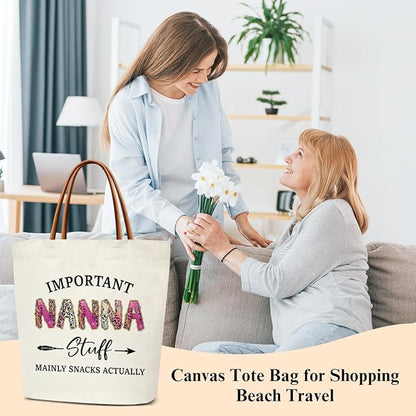 Canvas Tote Bag for Women, Important Stuff Bag with Leather Handle, Reusable Grocery Bags for Shopping Beach Travel