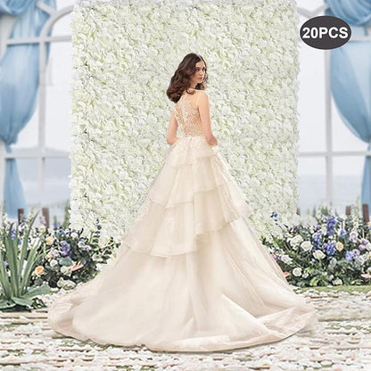 Flower Wall Panels, 20Pcs Artificial Flower Wall 3D Flower Wall Backdrop, 20-Piece Set of White Rose Floral Backdrop for Wedding Home Decoration (Milky-White, 23.6 * 15.9in)