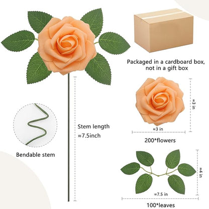 200PCS Orange Artificial Flowers Roses Real Looking Foam Fake Roses with Leaves for DIY Wedding Bouquets Bridal Shower Party Decorations (Orange, 200)