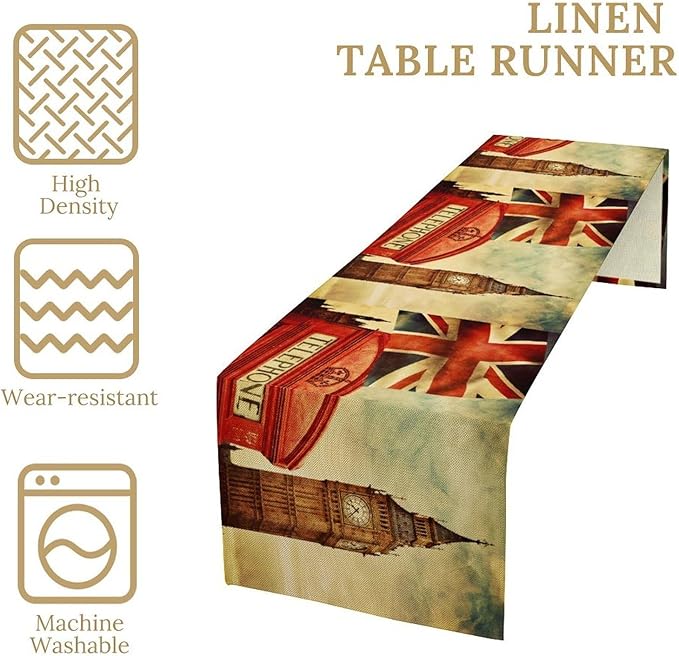 British Table Runner, Seasonal Vintage Buildings England London Culture Element Coffee Table Center Decor for Home Kitchen Dining Patio Holiday Party Table Decorations 13x72 inches