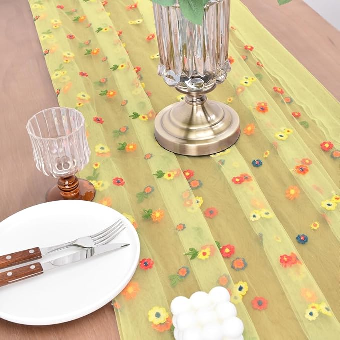 Joanlody Yellow Embroidery Daisy Christmas Table Runner Florals Seasonal Tulle Table Runner Holiday Kitchen Dining Table Decoration Wedding Party