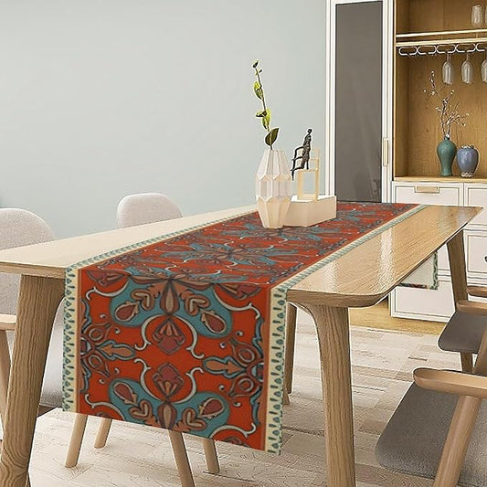 Boho Floral Table Runner, Burnt Orange Blue Traditional Ethnic Flower Vintage Farmhouse Table Runner for Kitchen Dining Wedding Party Decor, 13x108 Inch