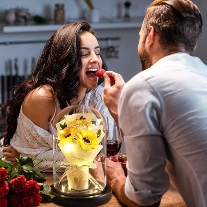 Christmas Sunflower Gifts for Her,Flower Rose in Glass Dome with 2 Lighting Mode,Sunflower Gifts for Mom,Artificial Forever Flowers Xmas Birthday Gifts for Women Mom Wife Girlfriend Sister Friend