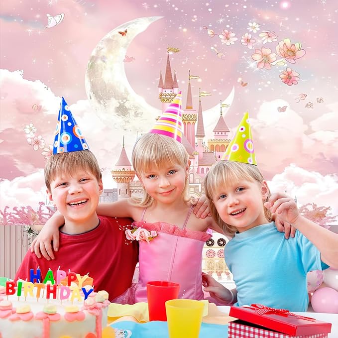AOFOTO Castle Backdrop Princess Spring Pink Floral Moon Printed Fairy Tale Photography Background for Girl Birthday Baby Shower Party Banner Home Decor Wall Photo Studio Booth Props 10x8ft
