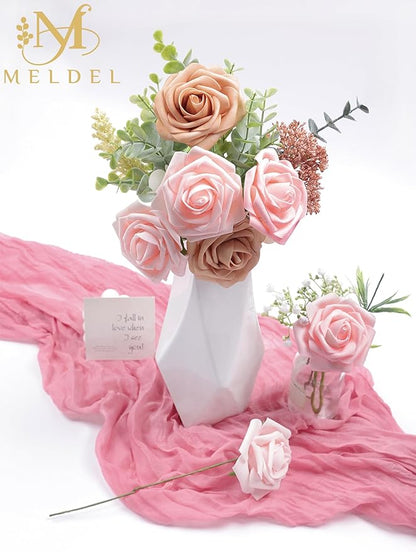 Meldel Artificial Flowers 25pcs Real Looking Blush Foam Fake Roses with Stems for DIY Wedding Bouquets Bridal Shower Centerpieces Floral Arrangements Home Decorations