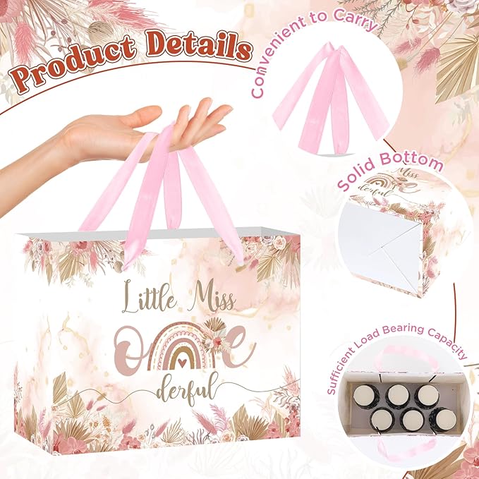 Onederful 1st Birthday Gift Bag for Baby Girl, Boho Floral First Birthday Gift Bags with Tissue Paper Greeting Card Little Miss Onederful Wrapping Paper Bag for Newborn Baby Shower One Year Old Party