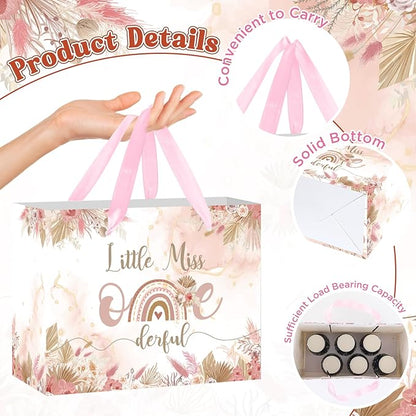 Onederful 1st Birthday Gift Bag for Baby Girl, Boho Floral First Birthday Gift Bags with Tissue Paper Greeting Card Little Miss Onederful Wrapping Paper Bag for Newborn Baby Shower One Year Old Party