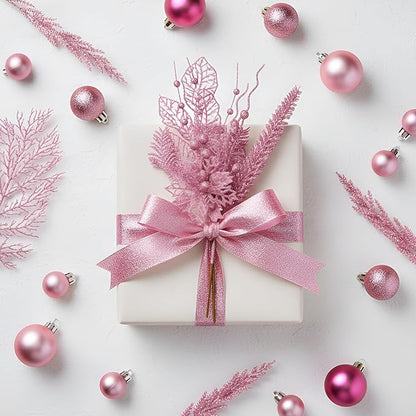 30 Pcs Artificial Christmas Tree Picks and Sprays Glitter Berry Stem Branches Holly Floral Picks Twigs Christmas Tree Ornaments for DIY Xmas Wreath Vase Filler Decorations(Pink)