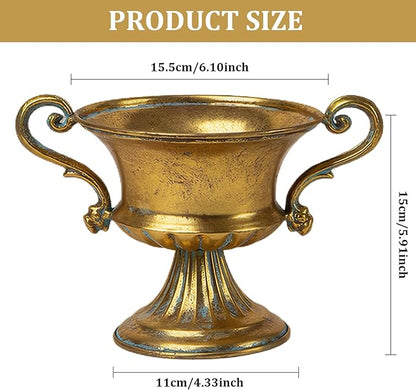 Metal Vase 6 Inch Vintage Trophy-Shaped Golden Color Iron Pedestal Vase with Handle DIY Friendly Decorative Flower Pot for Centerpiece, Wedding, Banquet, Party