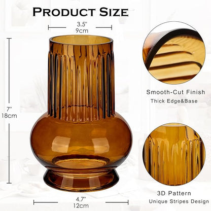 Brown Ribbed Glass Vase, 7" x 3.5" Thickened Modern Flower Fluted Vase Hydroponic Ornament Arrangement for Home Living Room Wedding Centerpieces Office Table Decor