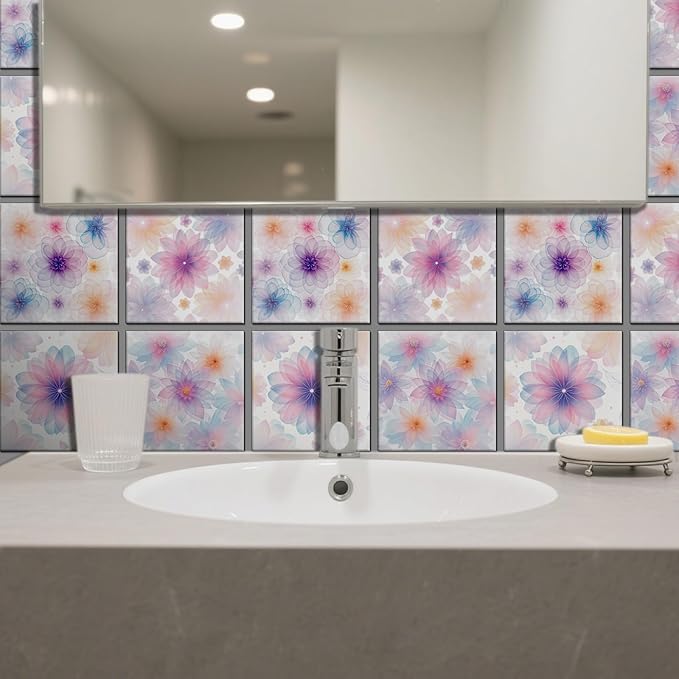 CHGCRAFT 36 Pcs 4 Style Wall Stickers Pastel Flowers Peel and Stick Wall Tile Sticker Crystal Dreamy Flower Waterproof Self Adhesive Stick on Tile Decals for Kitchen Bathroom Art Decor, 4×4 Inch