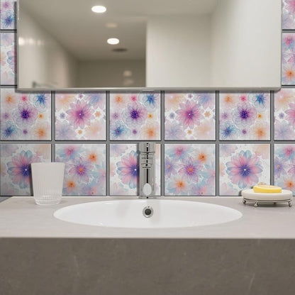 CHGCRAFT 36 Pcs 4 Style Wall Stickers Pastel Flowers Peel and Stick Wall Tile Sticker Crystal Dreamy Flower Waterproof Self Adhesive Stick on Tile Decals for Kitchen Bathroom Art Decor, 4×4 Inch