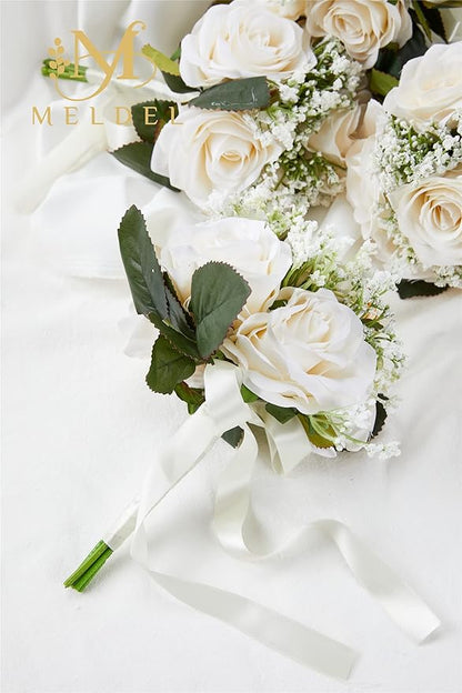 Meldel 2 x Artificial Silk Rose Bridesmaid Bouquets, 6.5'' Wide x 9.5'' Tall, Rustic Wedding Decor, Milk White, Set of 1, Ready to Use