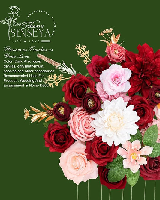 Senseya Artificial Flowers Combo, Dark Pink Silk Roses, Peonies, Dahlias with Stems for DIY Wedding Bouquets, Baby Shower, Table Centerpieces, Home Decor, Fake Floral Arrangements, Party Decorations