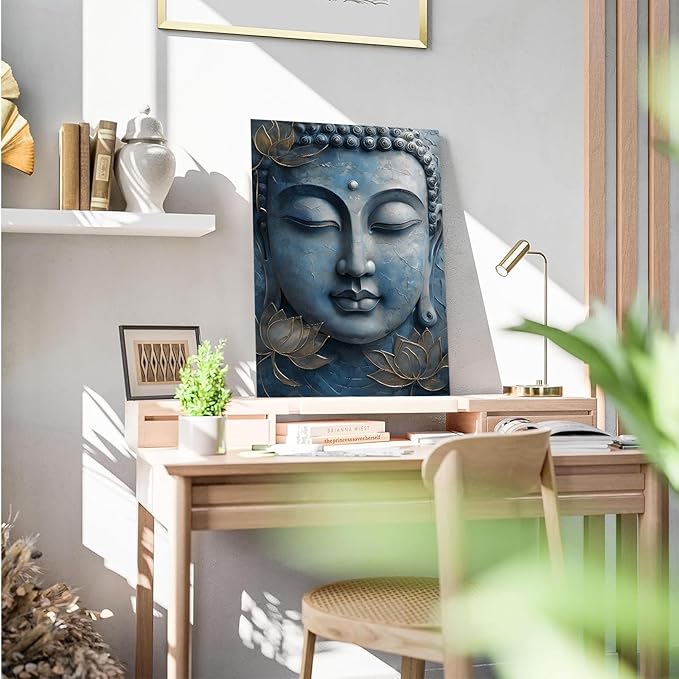 Canvas wall art Golden lotus crown Serene Buddha poster Ethereal blue toned art with delicate floral decor Zen wall art for a tranquil meditation space 24x36in Wood Framed