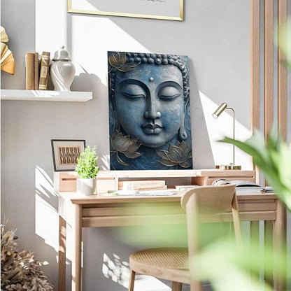 Canvas wall art Golden lotus crown Serene Buddha poster Ethereal blue toned art with delicate floral decor Zen wall art for a tranquil meditation space 8x12in Wood Framed