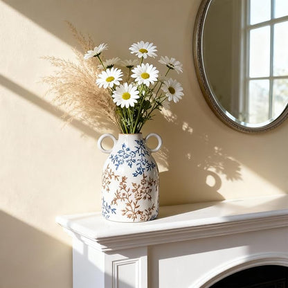 Rustic Blue Ceramic Vase with Handle, Nordic Boho Small Vases Side Table Flower Centerpiece, Wide Mouth Single Flower Vase Pampas Grass Decorative - for Home Window Sill Living Dining Room Kitchen