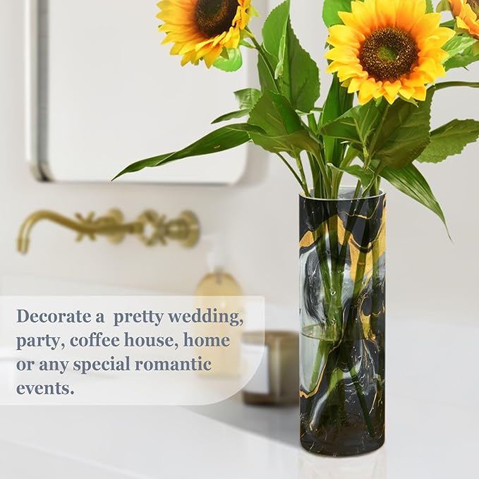 Flower Vase for Centerpieces, Marble Texture Black Gold Plastic Cylinder Vase, Clear Bud Vases for Home Wedding Office Table Decor