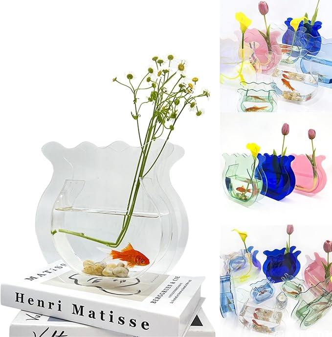 Mini Acrylic Fish Bowl Flower Vase for Small Fish or Plant, Clear Dual-Use Decorative Vase for Desk or Shelf, Compact Modern Bud Design Tabletop Décor (Transparent, Mini)