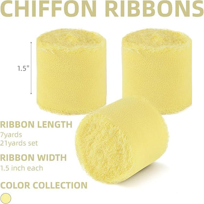 3 Rolls Cream Yellow Handmade Chiffon Ribbon,1.5" x 21Yd Frayed Fringe Silk Ribbons (3 Rolls *7Yd) for Gifts Wrapping, Wedding Invitations, Bridal Bouquets, Decoration