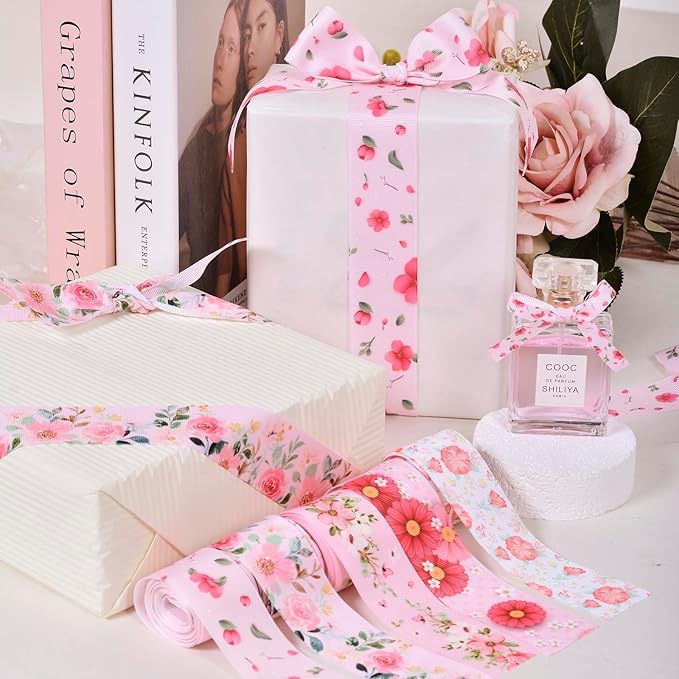 Floral Grosgrain Ribbon, 5 Rolls Flower Pattern Ribbon Spring Summer Fabric Decorative Craft Ribbon Roll for Gift Wrapping Decor Hair Bow Sewing Wreath Crafts (Pink Floral, 1-1/2Inch X 20Yards)