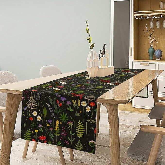 Rustic Field Table Runner, Vintage Farmhouse Natural Forest Wildflowers Plants Herb Print Kitchen Dining Table Decor Seasonal Home Decoration Indoor Outdoor Party, 13x60inch