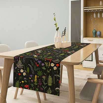 Rustic Field Table Runner, Vintage Farmhouse Natural Forest Wildflowers Plants Herb Print Kitchen Dining Table Decor Seasonal Home Decoration Indoor Outdoor Party, 13x90inch