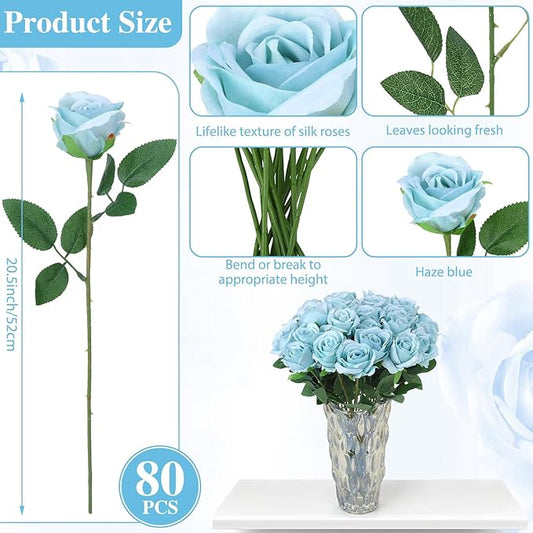 80 Pcs Roses Artificial Flowers, Silk Haze Blue Artificial Flowers Petals Long Stem Roses for Wedding Bouquet Home Party Decor