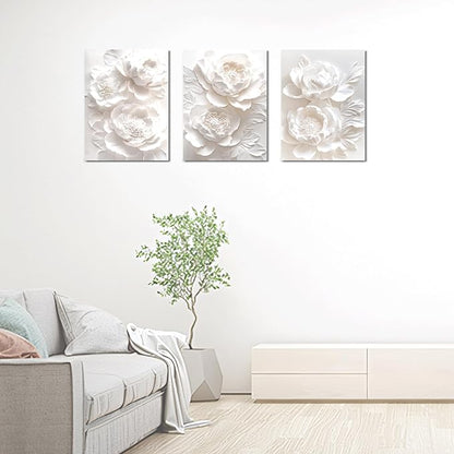 Sepwrol White Flower Canvas Wall Art Modern Abstract Rose Blooming Floral Textured Printing Artwork for Home Bedroom Living Room Wall Decor, 12"x16" 3 Panel (White-2)